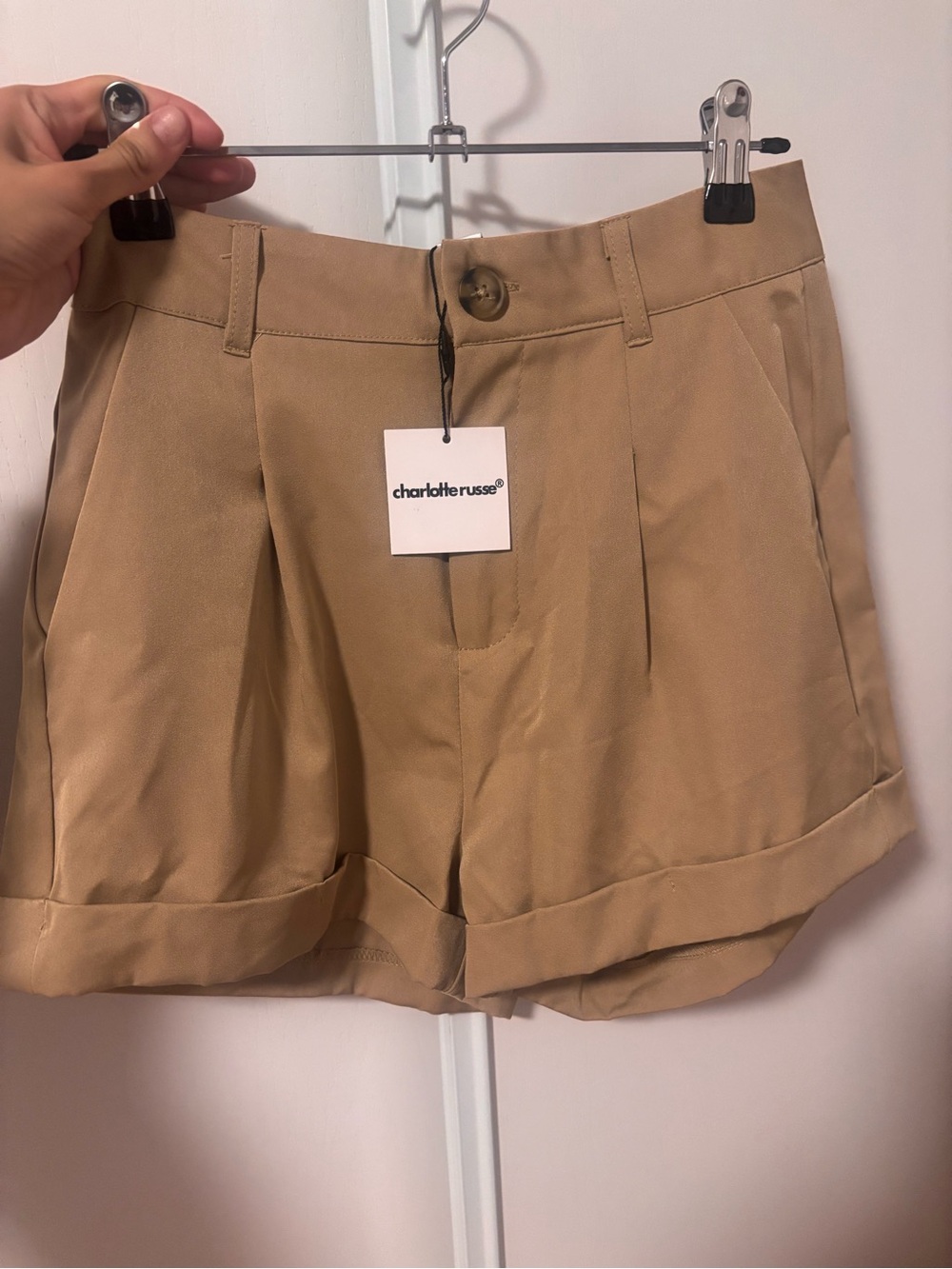 Charlotte Russe Tan High-Waist Pleated Cuffed Shorts